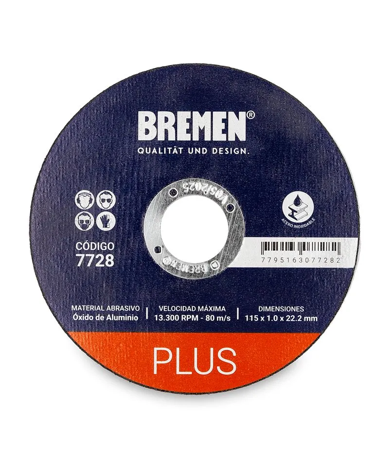 DISCO DE CORTE  PLUS 4-1/2" (115x1.6x22mm) [25 unid] (COD: 7729) BREMEN®